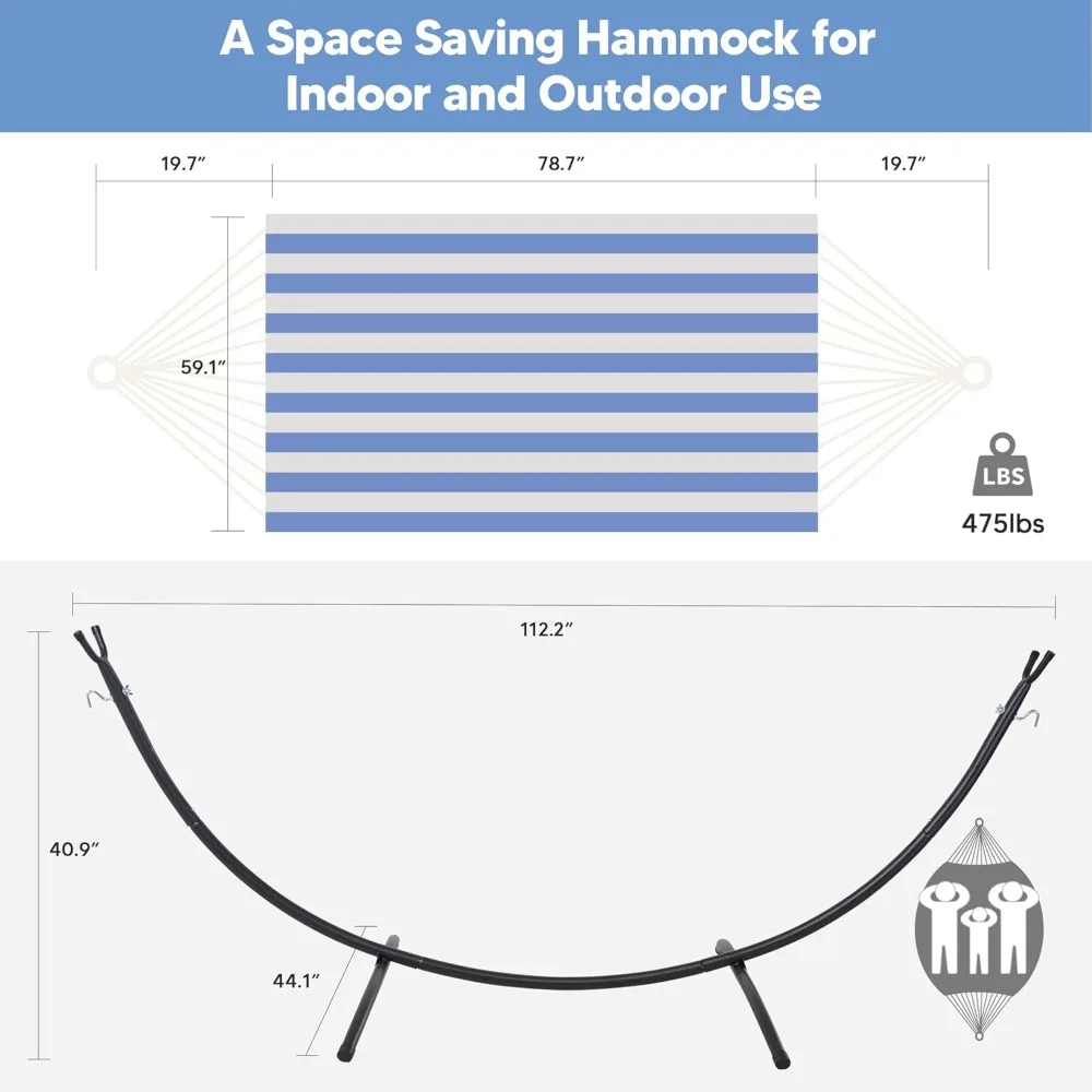 إطار أرجوحة خارجي مخطط باللونين الأزرق والأبيض مع سعة 475 رطلًا للاسترخاء في الفناء الخلفي
