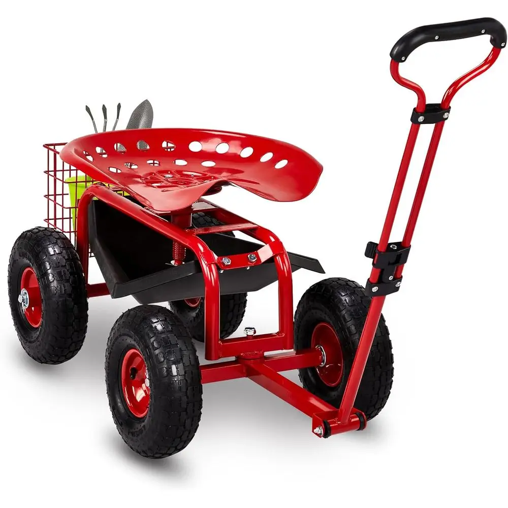 

Garden Cart with Rolling Seat, Wheels, Adjustable Steering Handle & Utility Tool Tray, Planting Wagon Scooter, Gardening Tool or