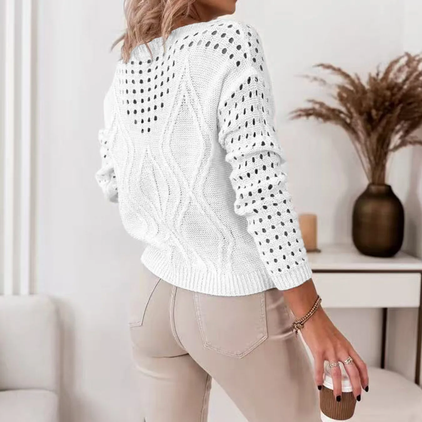 Women Pullovers Sweaters Solid Top Round Neck Full Sleeve Jumpers Hollow Out Y2k Streetwear Elegant Splice Knit Tops Autumn