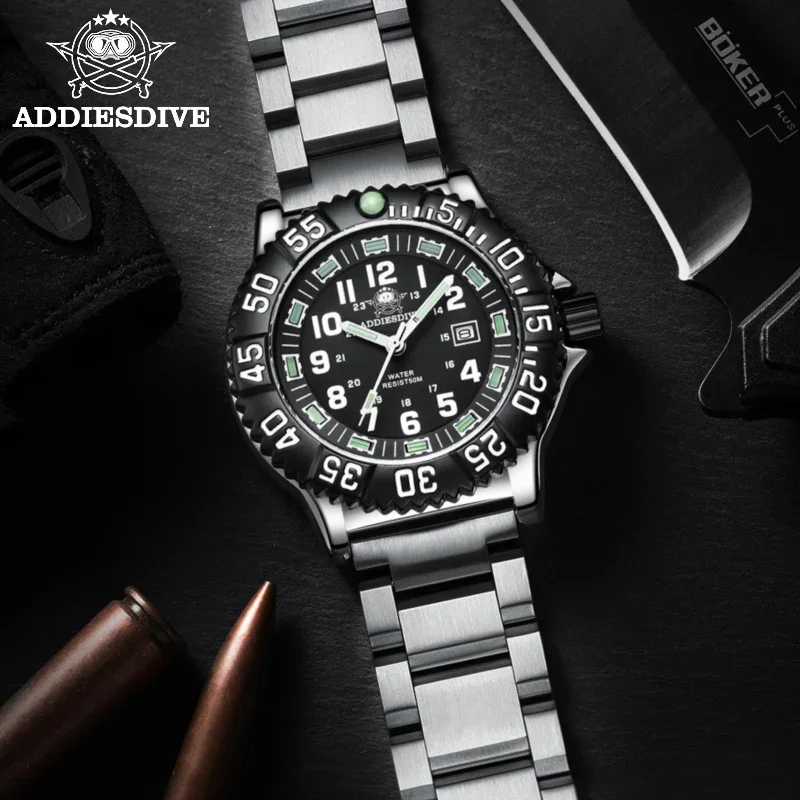 ADDIESDIVE Men\'s Watch Calendar Display 50m Waterproof Green Tube Luminous High Quality Quartz Watches Reloj Hombre