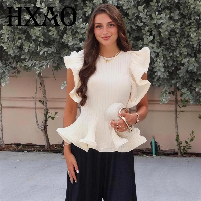 HXAO Damen Strickpullover, kurz geschnitten, ärmellos, Peplum-Bluse, beige, Rundhals, Rüschenpullover, Sommer, lässiges Stricktop