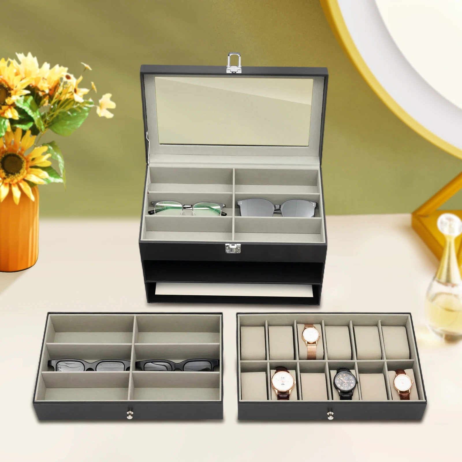 3-Layer Black PU Jewelry Box with 2 Drawers, 12 Watches + 12 Pairs of Glasses Box, Metal Snap Case Organizer