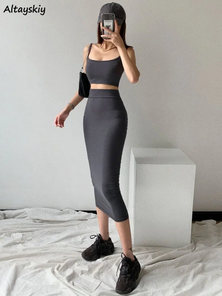 

Sets Women Skinny Sexy Backless Fashion Cropped Camis Midi Skirts Simple Sheath American Style Streetwear Ins Casual Chic Sporty