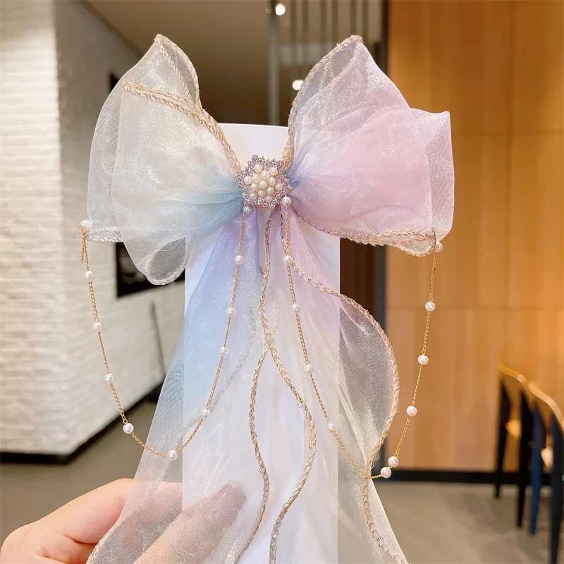 1PCS Rainbow Hair Clip Chiffon Bow Ribbon Girls Hairpins Cute Colorful Bows Flowers Children Hair Clips Fashion Hair Accessories