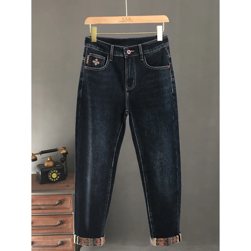 

High end printed design jeans for men, winter brushed fleece warm men's clothing trendy and fashionable slim fit small leg pants