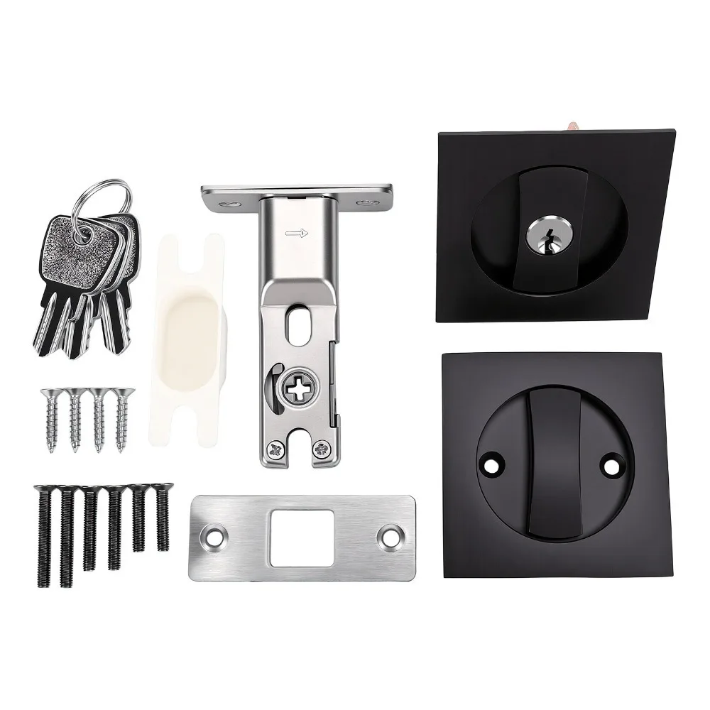 1 set Stainless Steel Pocket Door Lock With Key Rust Resistant Privacy Entry Lock Matte Black Finish Door Latch Kit Kitchen Use
