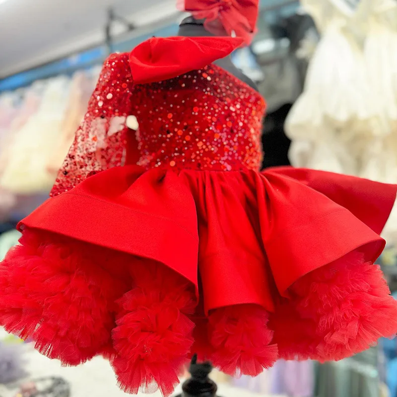 HETISO Flower Sequined Girls Birthday Party Dress Tutu One Shoulder Children's Formal Celebration Piano Performance Prom Gown