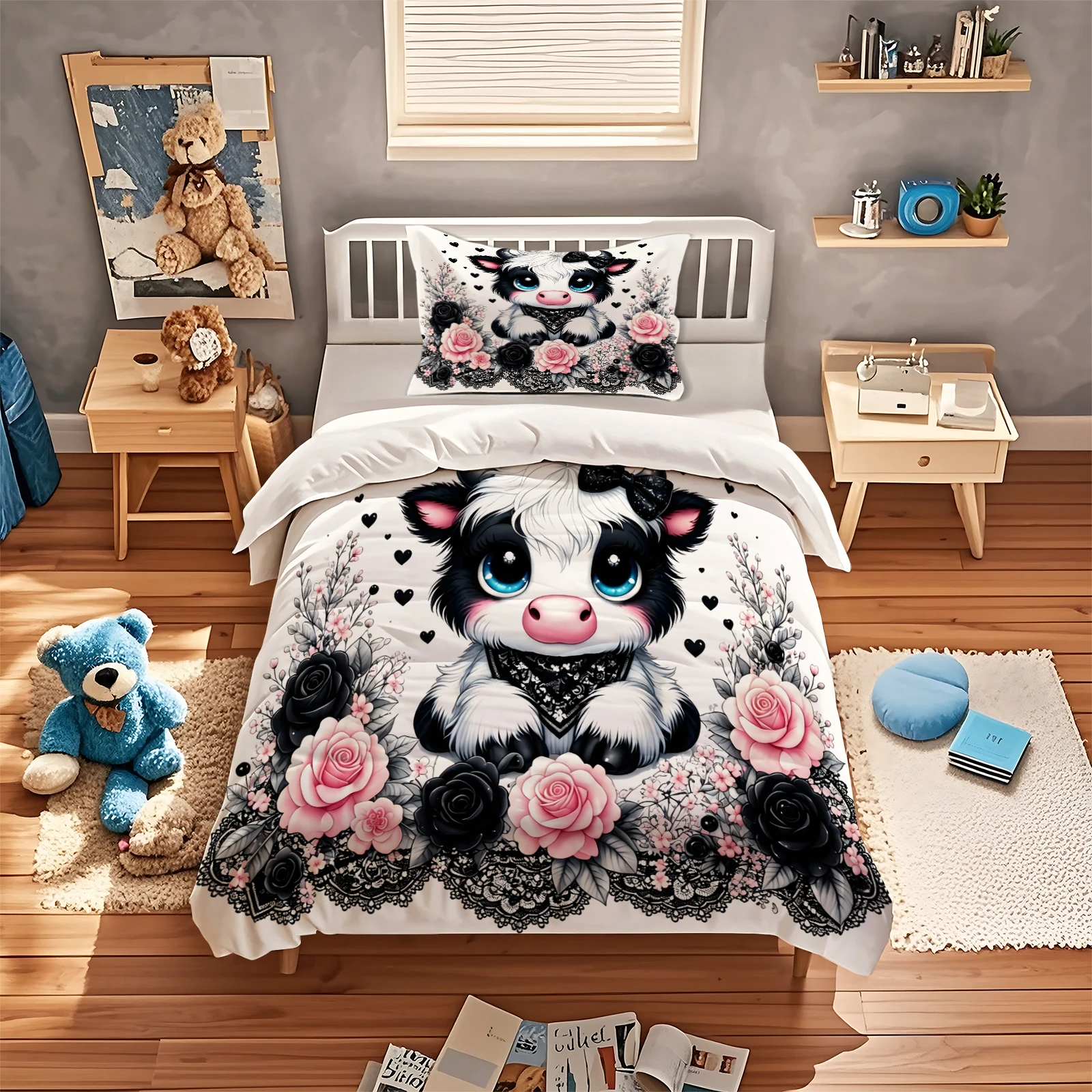 Highland Cow Floral Duvet Cover Set Pink Black Rose Lace Pattern Bedding Set Polyester Quilt Cover With Pillowcases Home Decor