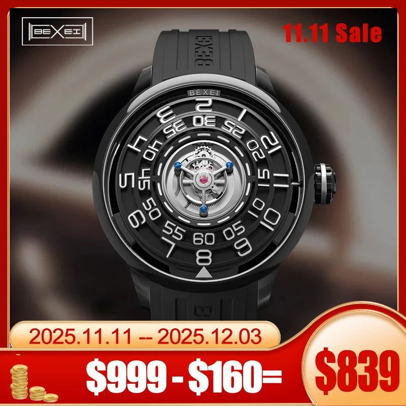 BEXEI Tourbillon mecánico reloj de lujo para hombre centro volador de lujo Tourbillon movimiento Manual reloj de hombre agujero negro hueco 9110