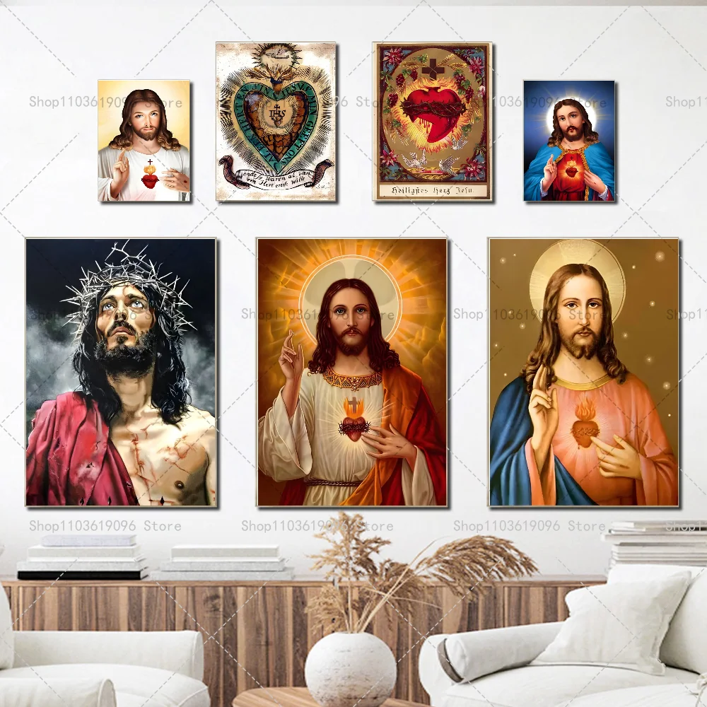 Sacred Heart of Jesus Art Prints Mary God Poster Self-adhesive Art Waterproof Paper Sticker Coffee House Bar Room Wall Decor