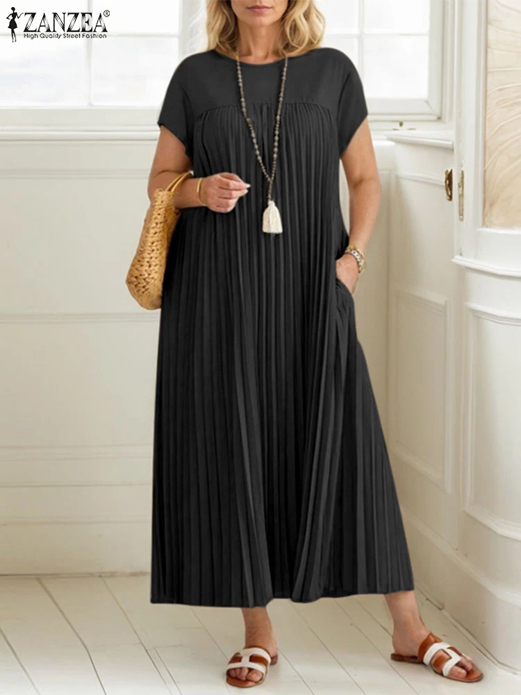 ZANZEA แฟชั่นจีบ Vestidos หลวม O-คอ Seamed แขนสั้นเสื้อยืดชุดลําลอง 2025 ฤดูร้อนสีทึบผู้หญิงชุด Midi