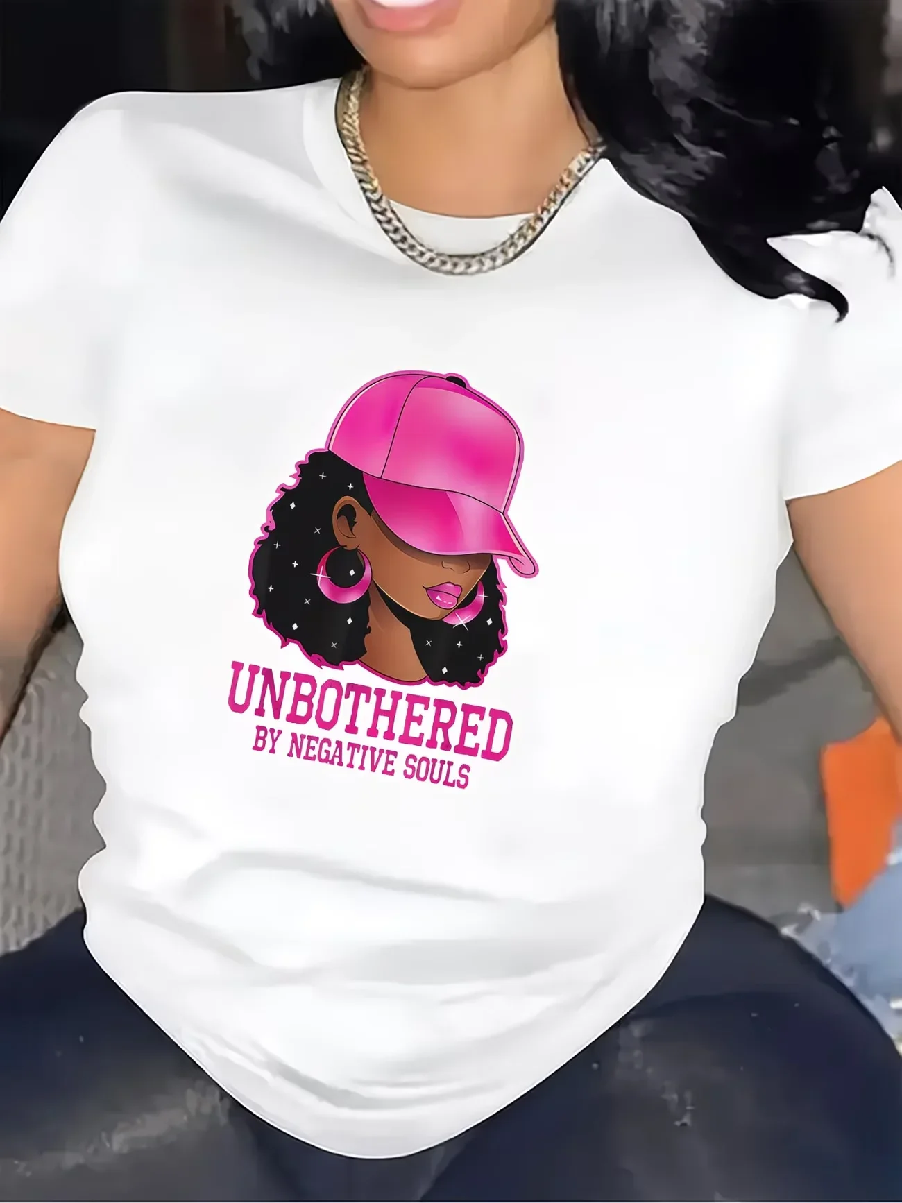 T-Shirt for Women, Unbothered Graphic Design for Casual Wear in Living Room Comfortable Fabric, Stylish Pink Cap Illustration,