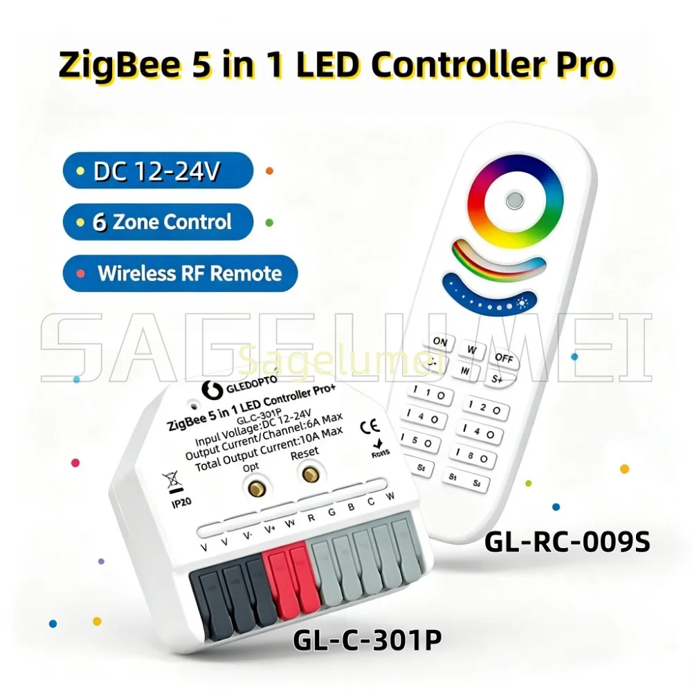 GLEDOPTO 10A Max Zigbee Pro+ 5 in 1 LED Strip Controller Alexa Tuya Smart APP Voice RF Remote Control RGBCCT/RGBW/RGB/CCT/Dimmer