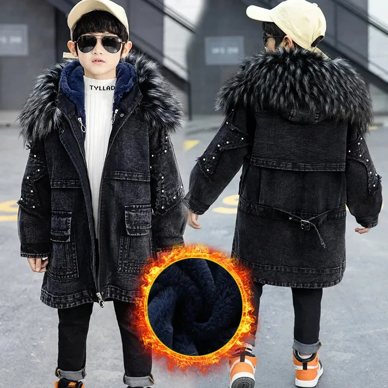 Fashion Boys Clothes Winter Thick Warm Tops with Large Fur Collar Kid for Teens Removable Plush Coats Denim Parka 4-12 Y