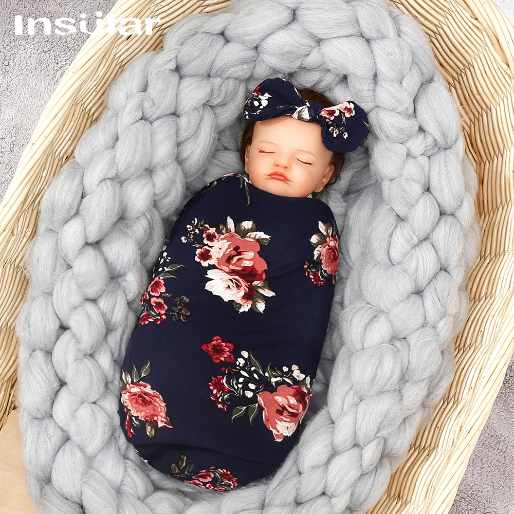 Insular 3pc Newborn Printed Scarf Fetal Cap Hair Band Baby Printed Scarf Baby Swaddling Towel Set Baby Wrapping Swaddle Blanket