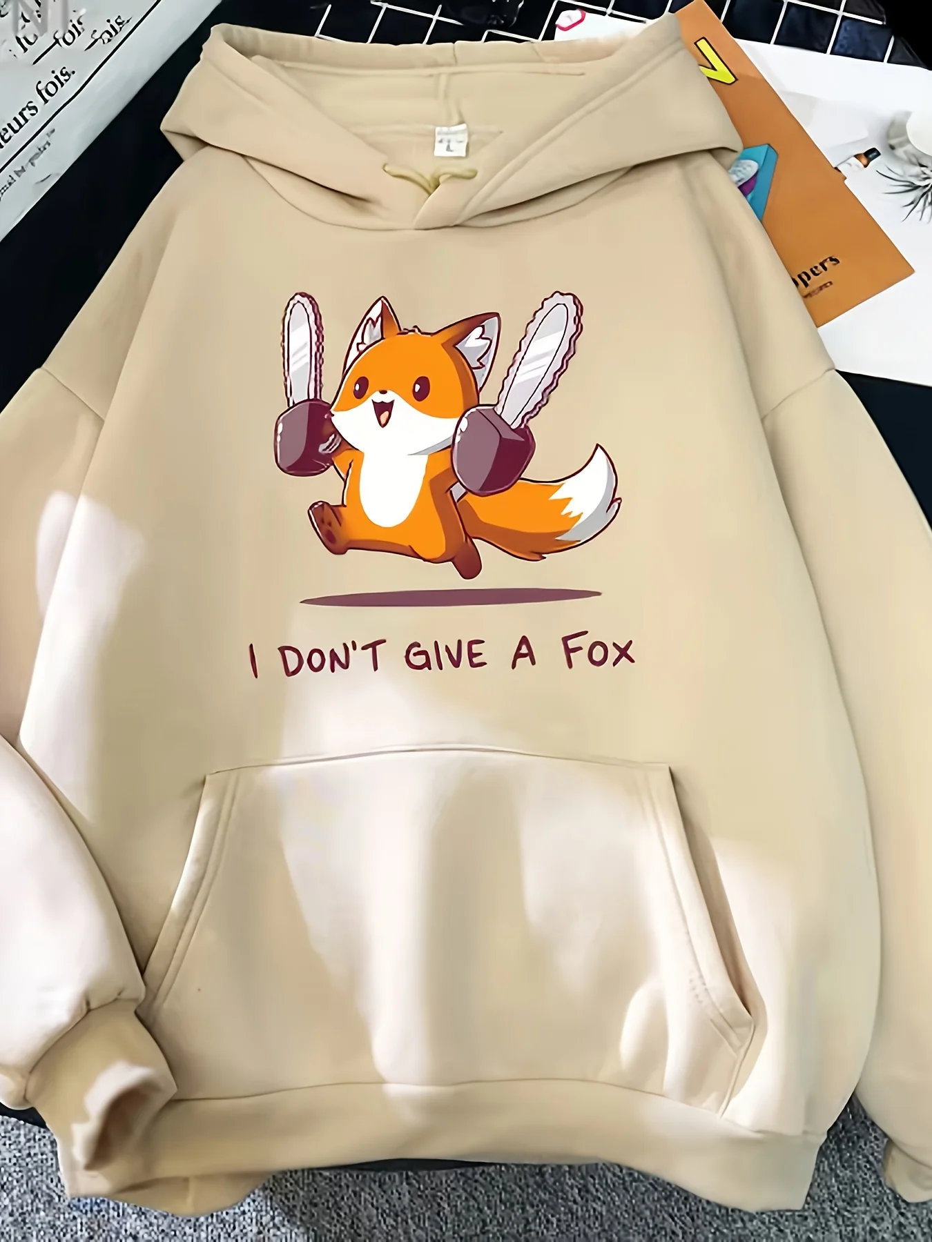 Felpa con cappuccio da uomo con stampa volpe vintage - Grafica "I Don't Give a Fox", pullover casual stile street con tasca a marsupio, grigio, morbido Pol