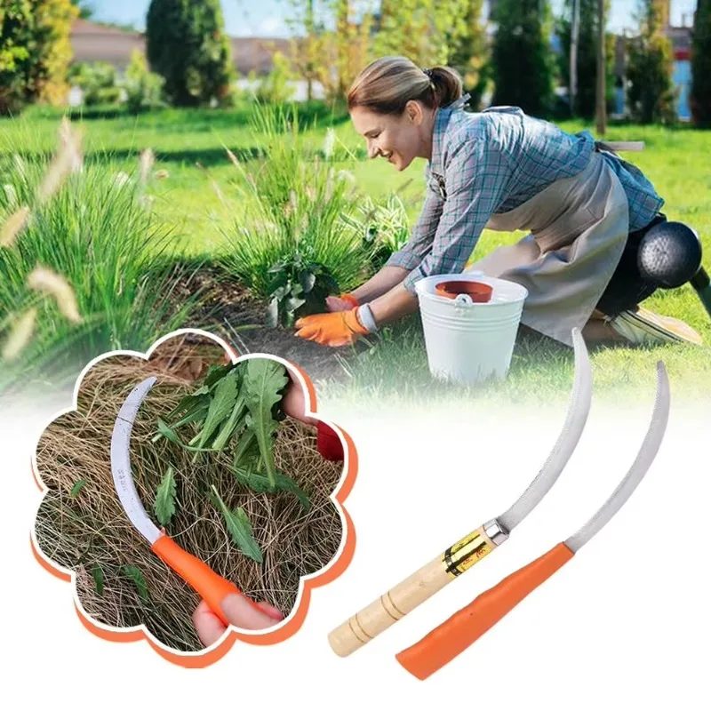 Weeding Sickle With Wooden Handle Stainless Steel Scythe Farming Tool Kit With Teeth For Weed Removal Lawn Patio Terrace Sickle