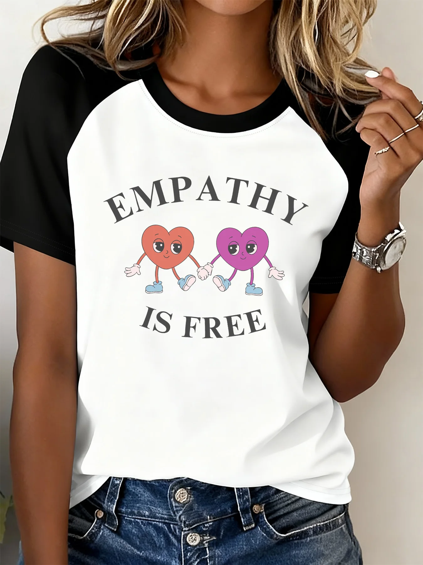 Fashionable T-Shirt with Black and White Color Combination, Heart Cartoon Letter Print Short Sleeves, Color-Blocked Raglan Sleeves Casual T-Shirt