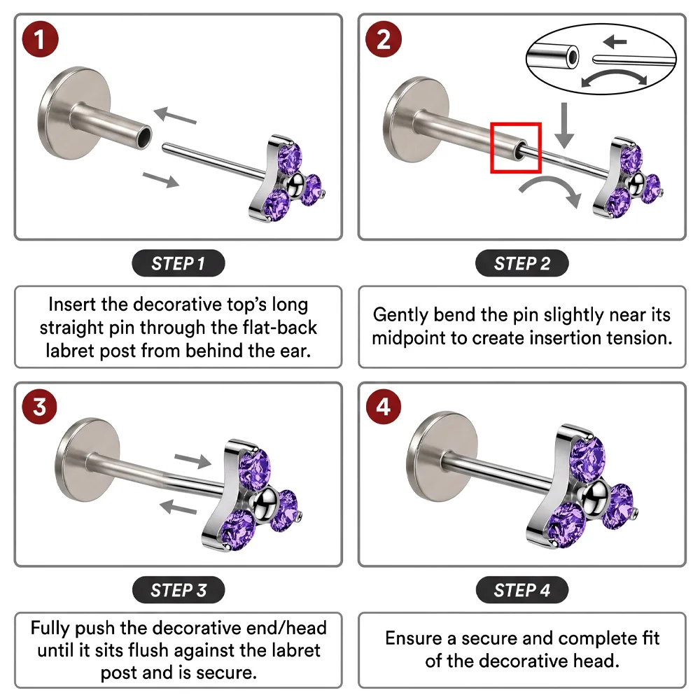 ASTM F136 Titanium Trinity CZ Push-In Threadless Piercing Stud Replacement Labret Helix Tragus Conch Lobe Cartilage Ear Jewelry