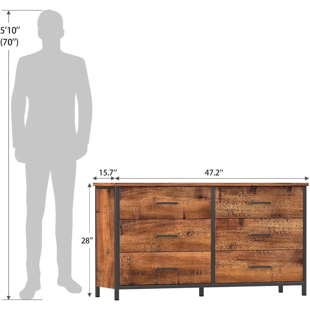 6 Drawer Double Dresser, Industrial Wood Storage Dresser Clothes Organizer with Sturdy Steel Frame