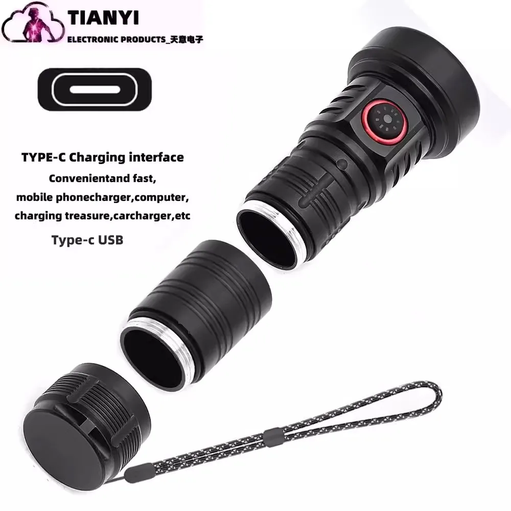 LED white multi-functional outdoor flashlight type c charging fixed focus multi-purpose night lighting, multi-lamp beads