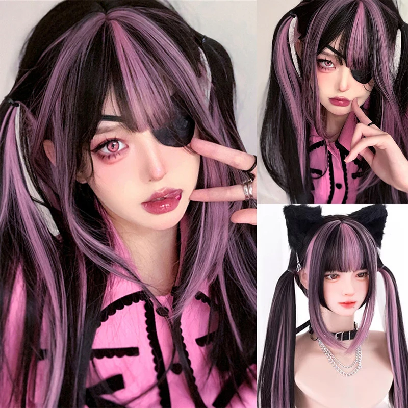 

LUPU Женские парики Косплей Парик Лолиты Натуральный черный парик с розовыми бликами и челкой для волос на Хэллоуин Косплей Одежда для вечеринок