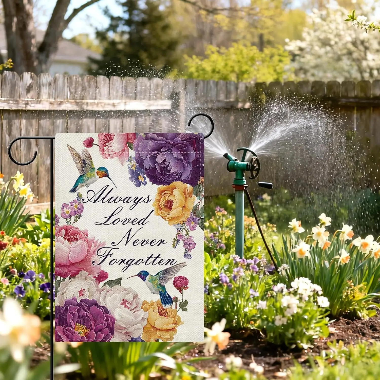 Dyrenson Always Loved Never Forgotten Memorial Decorative Garden Flag, Spring Summer Hummingbird Peony Flower Yard Outside H PPM