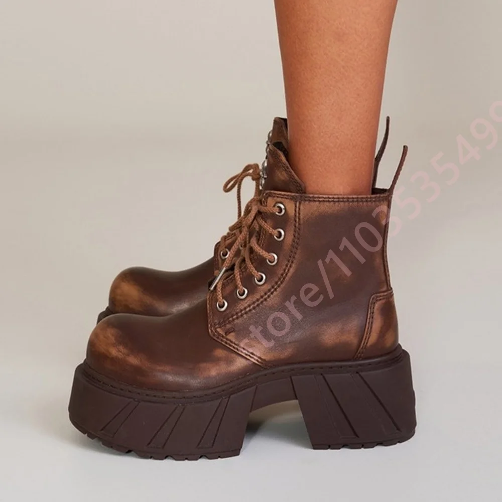 Women Distressed Platform Ankle Boots Fall 2026 Retro Lace Up Round Toe Chunky Block Heel Boots Gothic Streetwear Short Boots