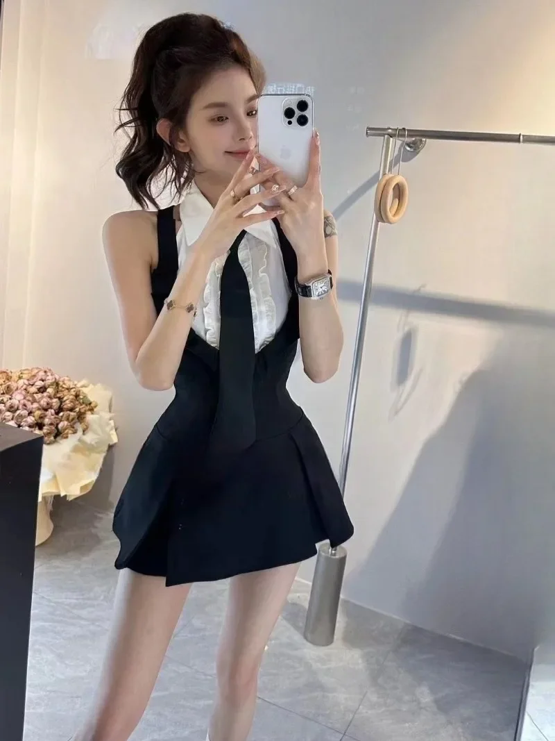 Miiiix Korean Sweet Fashion Academy Style JK Uniform Shirt Women's Waist Slimming Strap Dress Two Piece Set Female Clothing