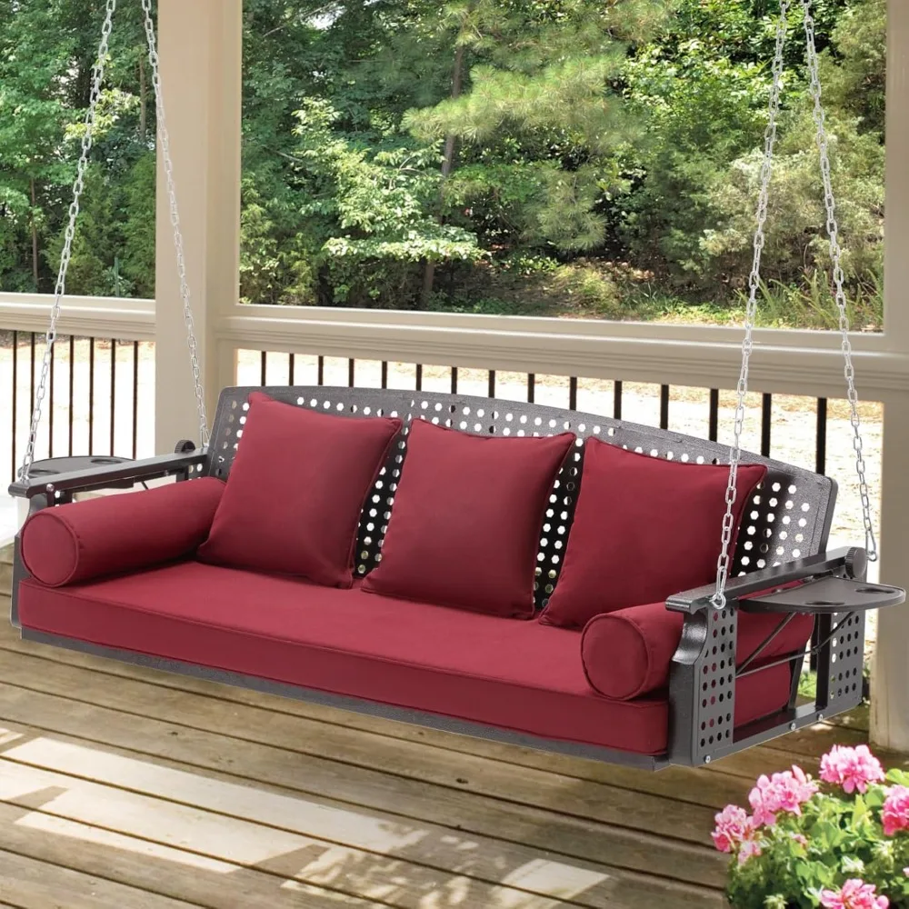 3 Seat Porch Swing, Patio Swing Bench with Cup Holders & 3 Back Cushions, Swing Chair with Chains