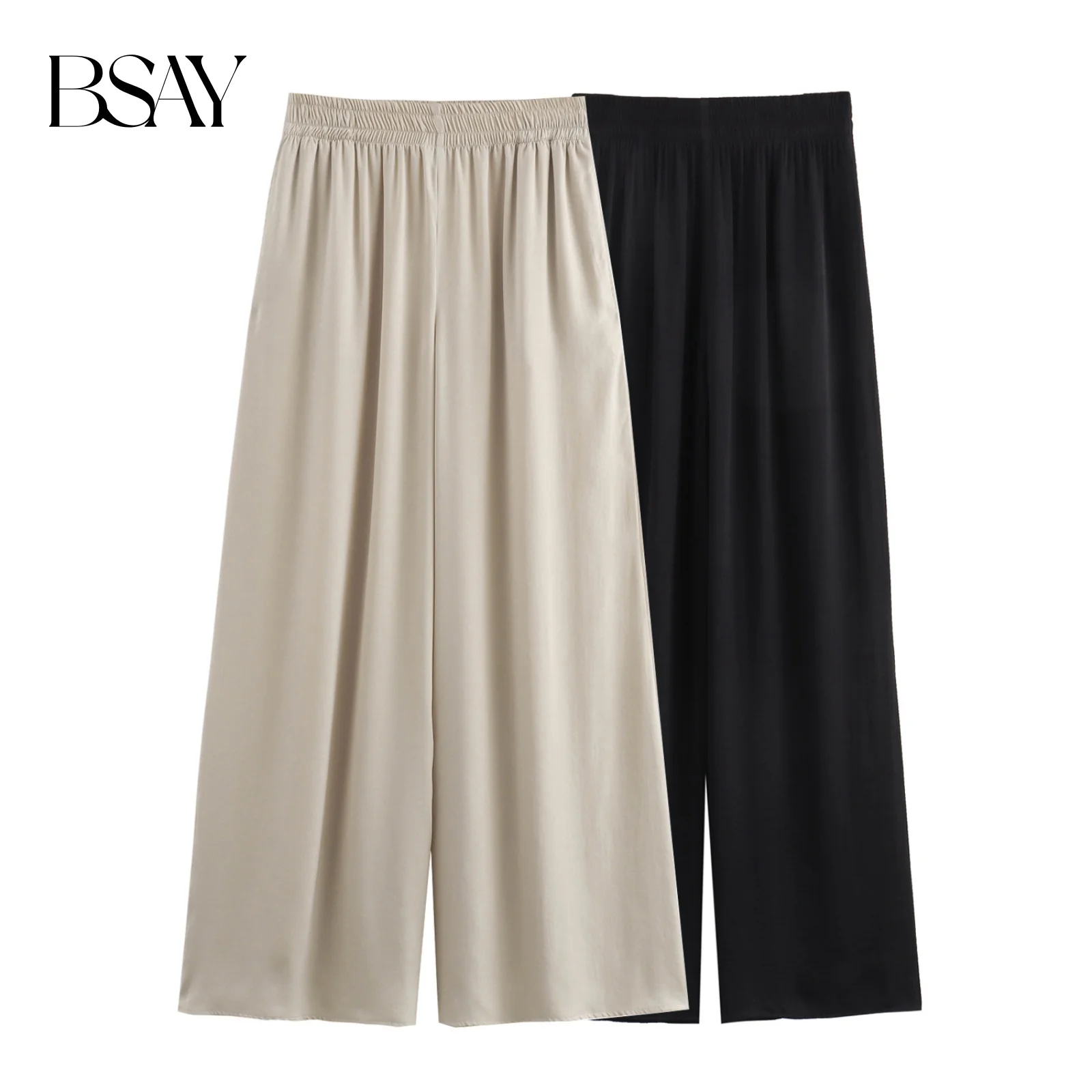 BSAY moda donna primavera estate nuovi pantaloni tinta unita Chic femminile elastico in vita pantaloni a gamba larga Mujer
