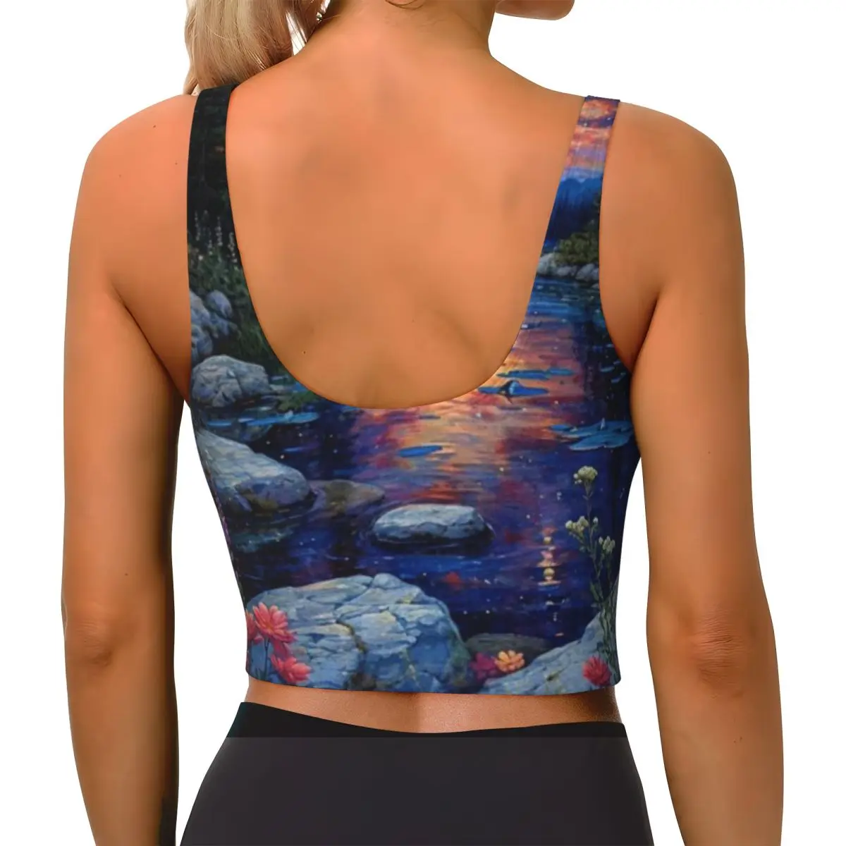 Trendy Workout Top Flowered Lake Indoor Sports Cross Back Tank