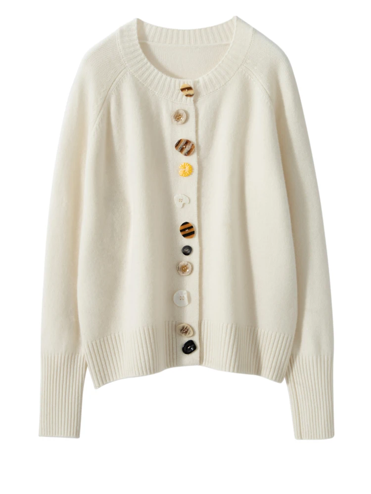 2024 New Spring Autumn Women Sweater O-neck French Style Colorful Buttons Cardigan 100% Cashmere Knitwear Korean Popular Cloth