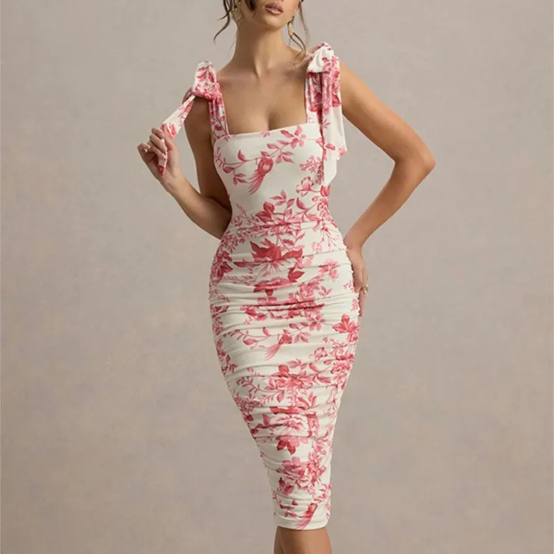 Zomer nieuwe mode woon-werkjurk Dames temperament Elegant Retro bedrukt geplooid strikje vierkante kraag mouwloze slanke jurken