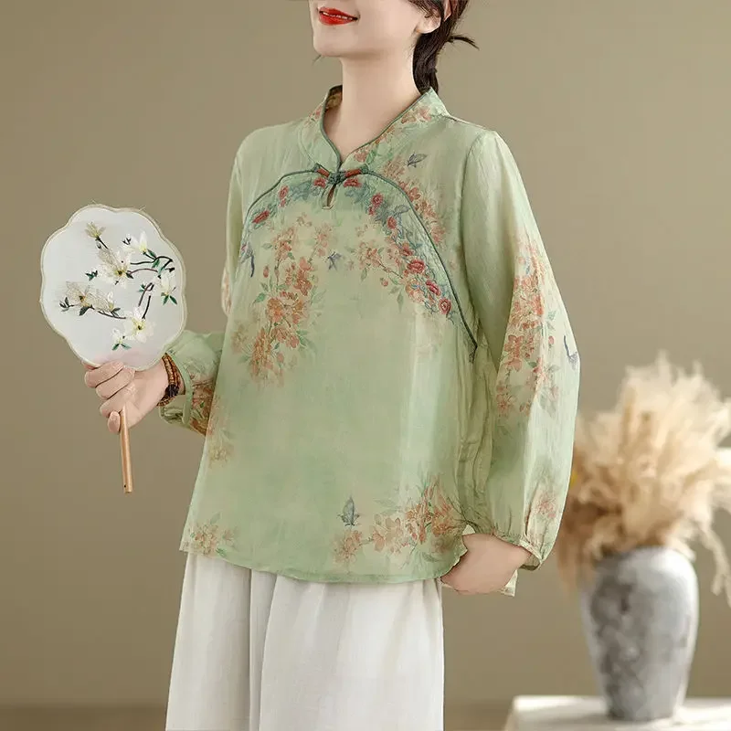 Spring Autumn Temperament Tang Suit Zen Tea Clothes Embroidered Top New Chinese Style Cotton Linen Printed Shirt for Women