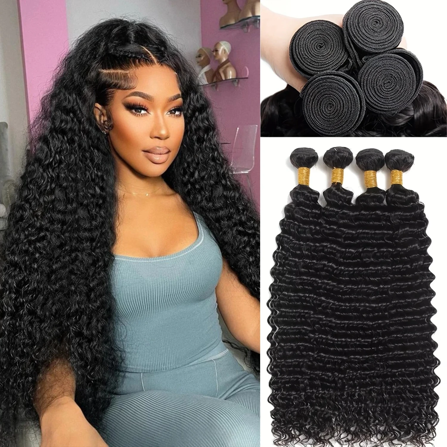 

30, 40 дюймов, глубокая волна, 1, 3, 4 пучка человеческих волос, бразильское плетение, Remy, натуральные необработанные волосы, вьющиеся человеческие волосы, пучок