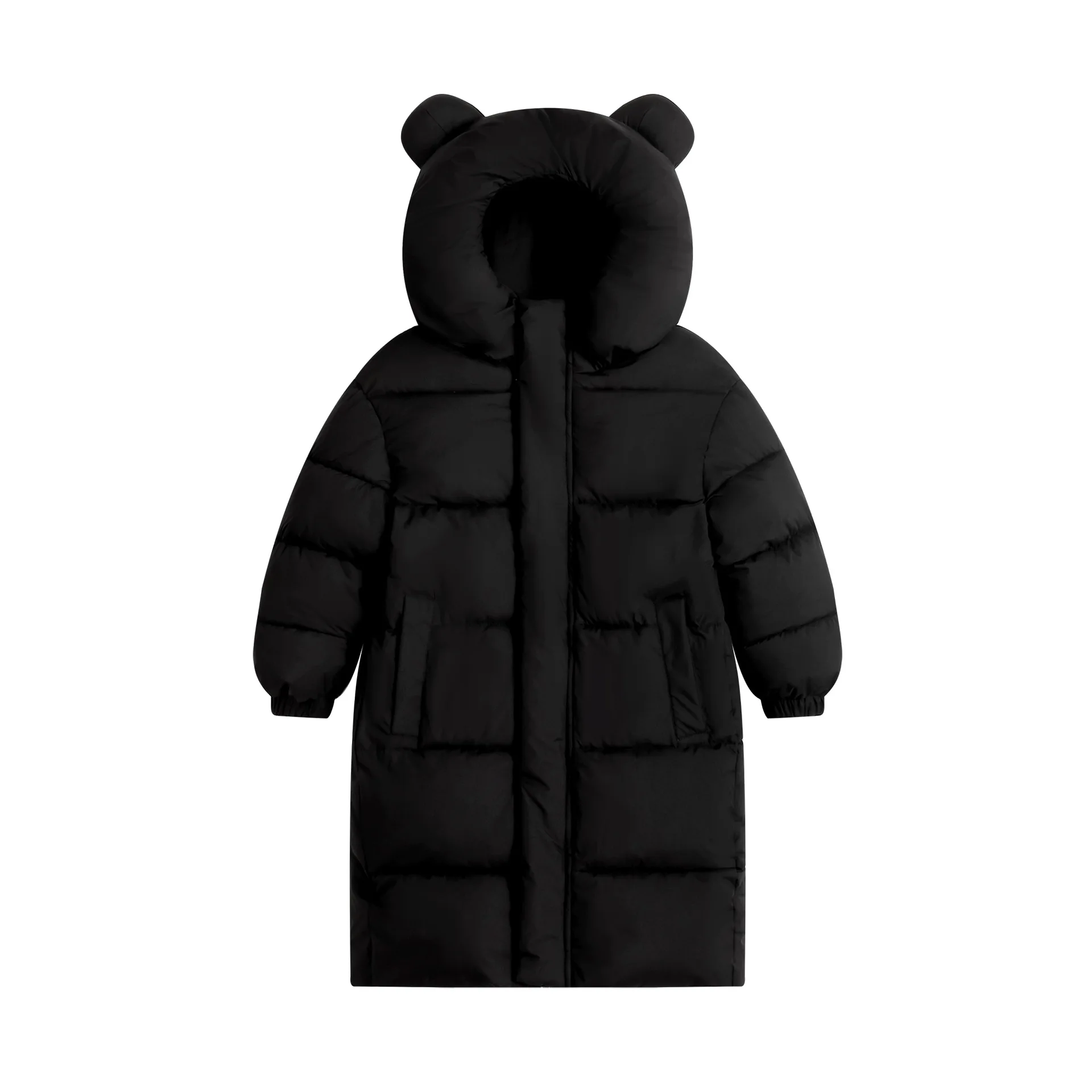 Winter-Kinderjacke in Unifarbe mit Seitentasche, Reißverschluss, Knöpfen und Katzenohren, Verdickte Baumwolljacke, Kinder-Langjacke, Unisex-Oberbekleidung – Detail 4