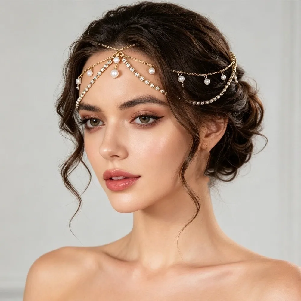 Simulated Pearl Luxury Forehead Headpiece Rhinestone Crystal Long Tassels Bohemian Hair Chain Headwear Multi-Layer
