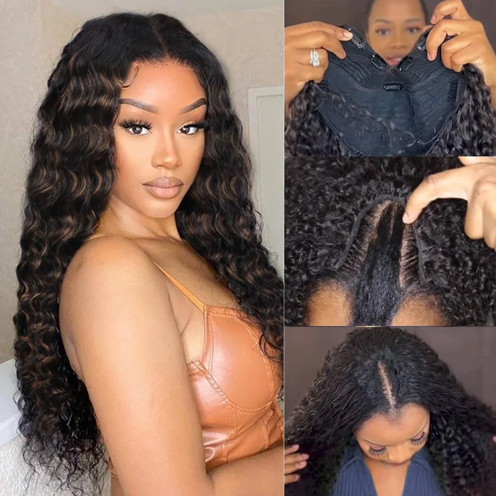 

V Part Human Hair Wig Deep Wave 100% Brazilian Virgin Hair Glueless 200% Density Women Natural Look Breathable Dyed Restyled