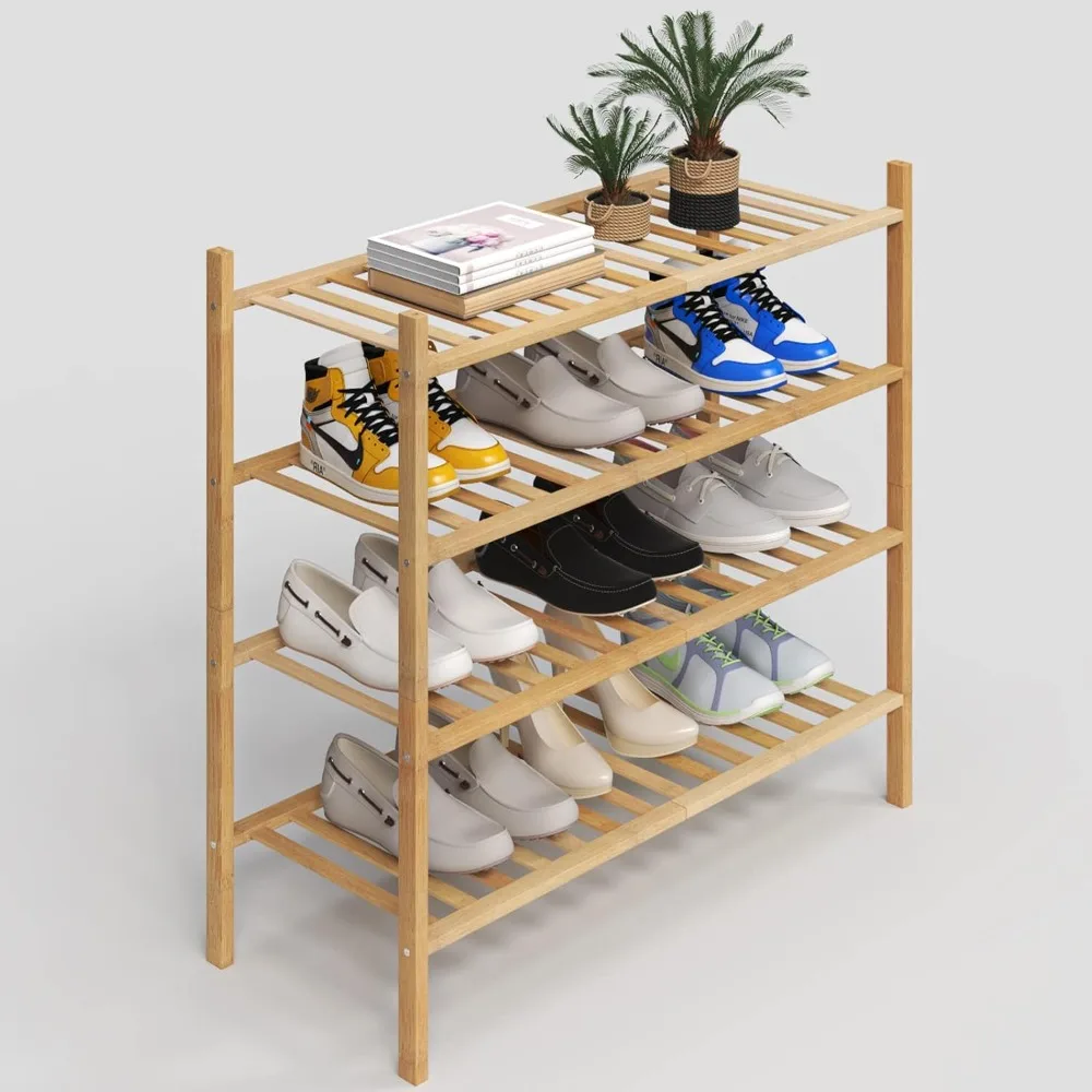 

4-tier shoe rack for closet, stackable free-standing shoe rack for entrance, closet hallway, multifunctional bamboo rack