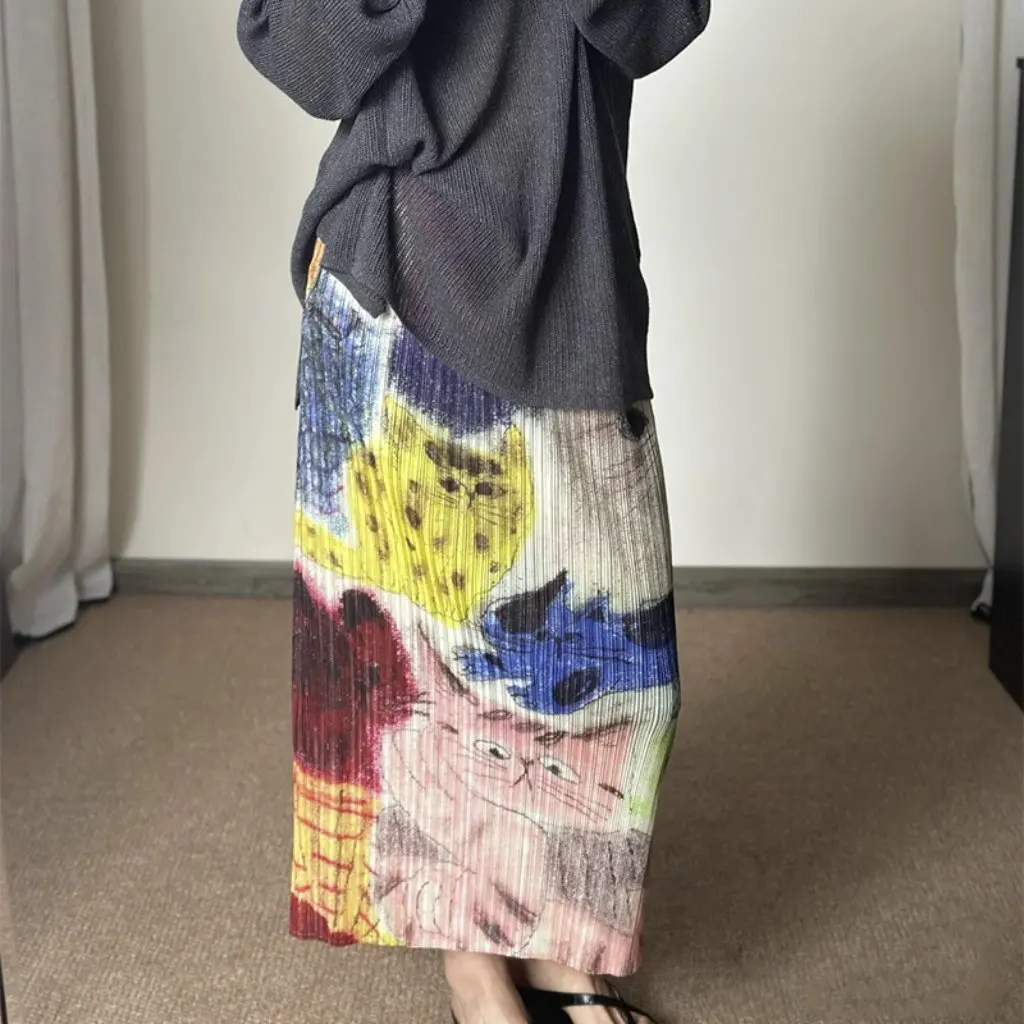 

Miyake High Waist Pleated Skirt for Women Spring Summer New Cartoon Cat Print Slimming Look Mid-Length Work Clothing Elastic