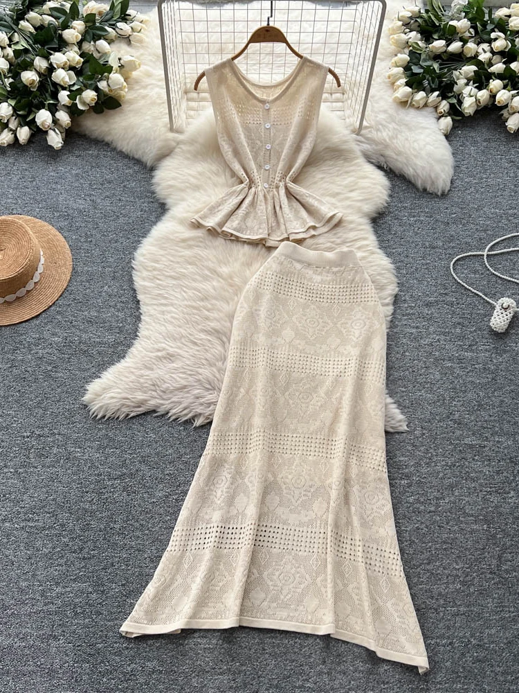 

Ele High Waist Knitted Hollow out Svel round Ne Top with f Body Skirt for Women Summer Faion Set