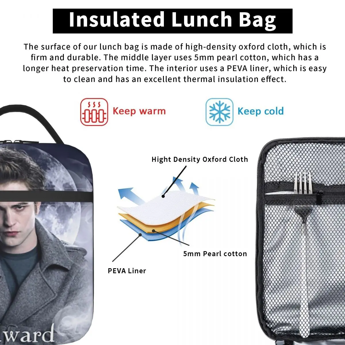 The Twilight Saga Edward Cullen Insulated Lunch Bag for Women Children Leakproof Food Boxes Thermal Lunch Box Tote