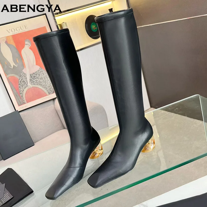 

Hot Sale Winter Black Leather Knee High Boots Women Square Toe Designer Chunky Heel Long Boots Sexy Party Chelsea Boots Women