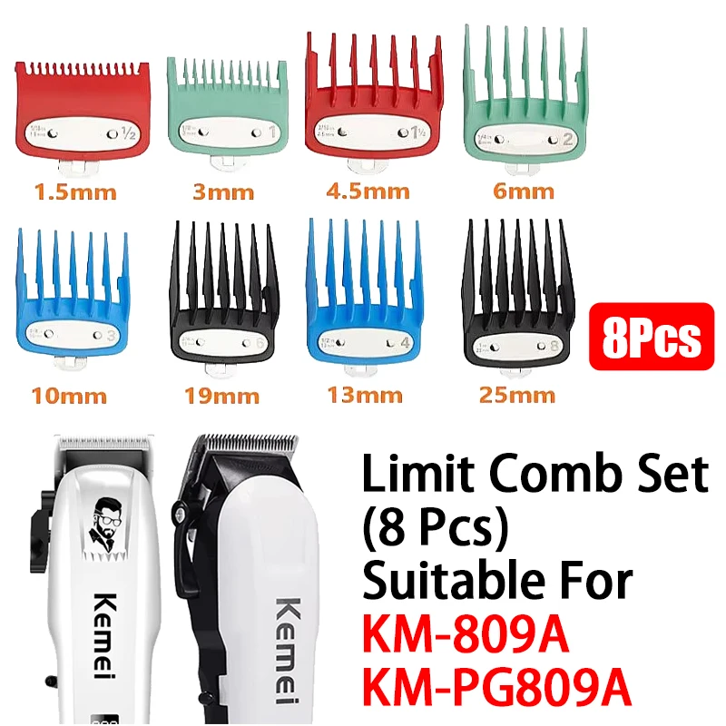 8Pcs Professional Limit Comb Cutting Guide Combs 1.5/3/4.5/6/10/13/19/25MM Set Hair Clipper For Kemei KM-809A/PG809A