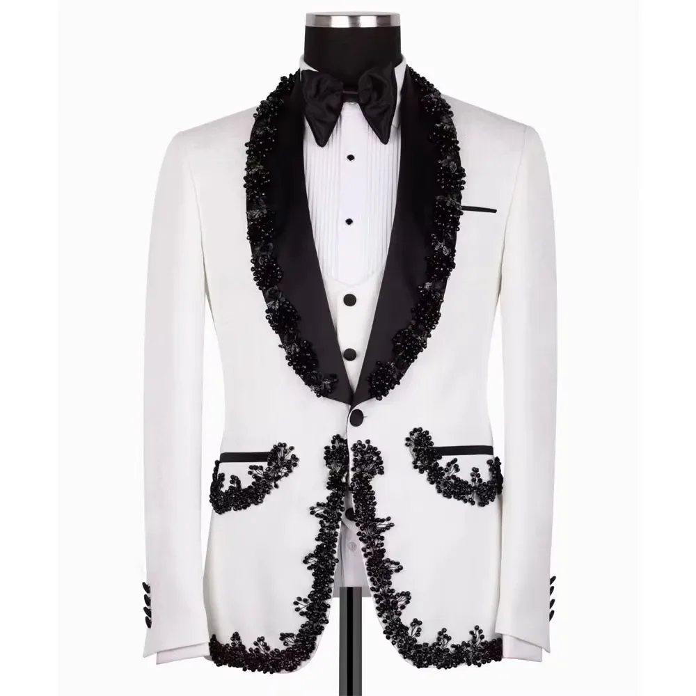 White Suits Men For Wedding Black Pearls Beading 2 Pieces Jacket Pants Groom Tuxedo Formal Business Banquet