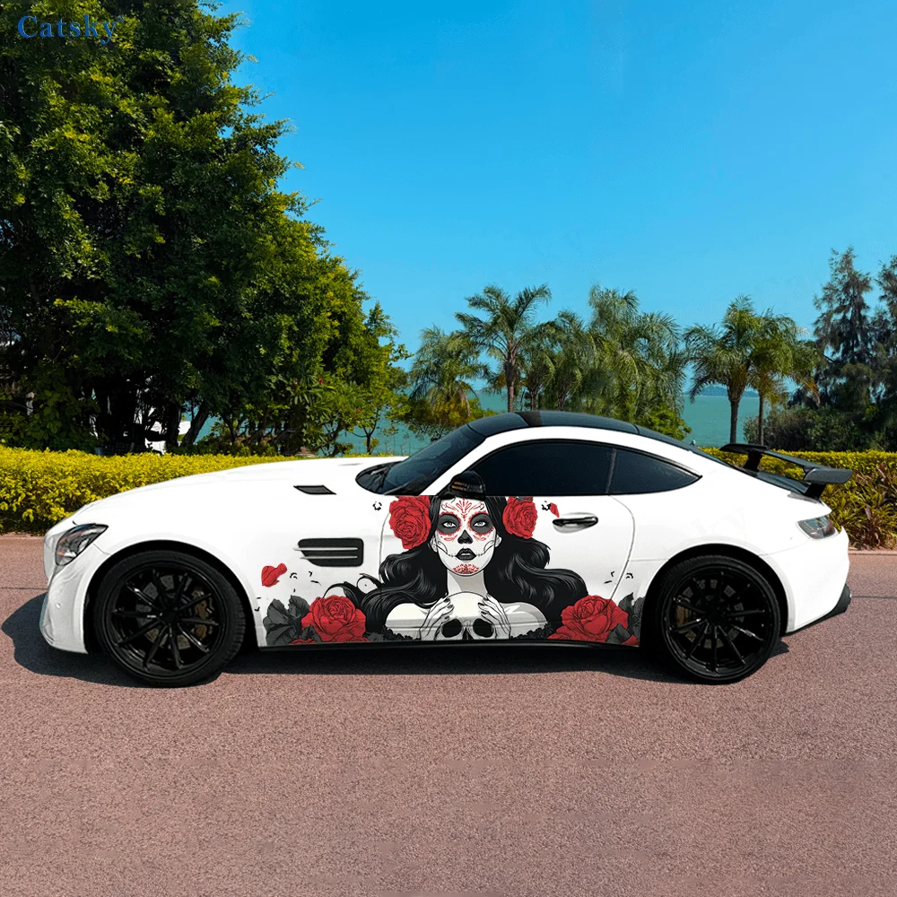 Skeleton Woman Roses Car Vinyl Wraps Decal Self-adhesive PVC Sticker Suitable for Trucks SUV Decoration Auto Accessories Gift