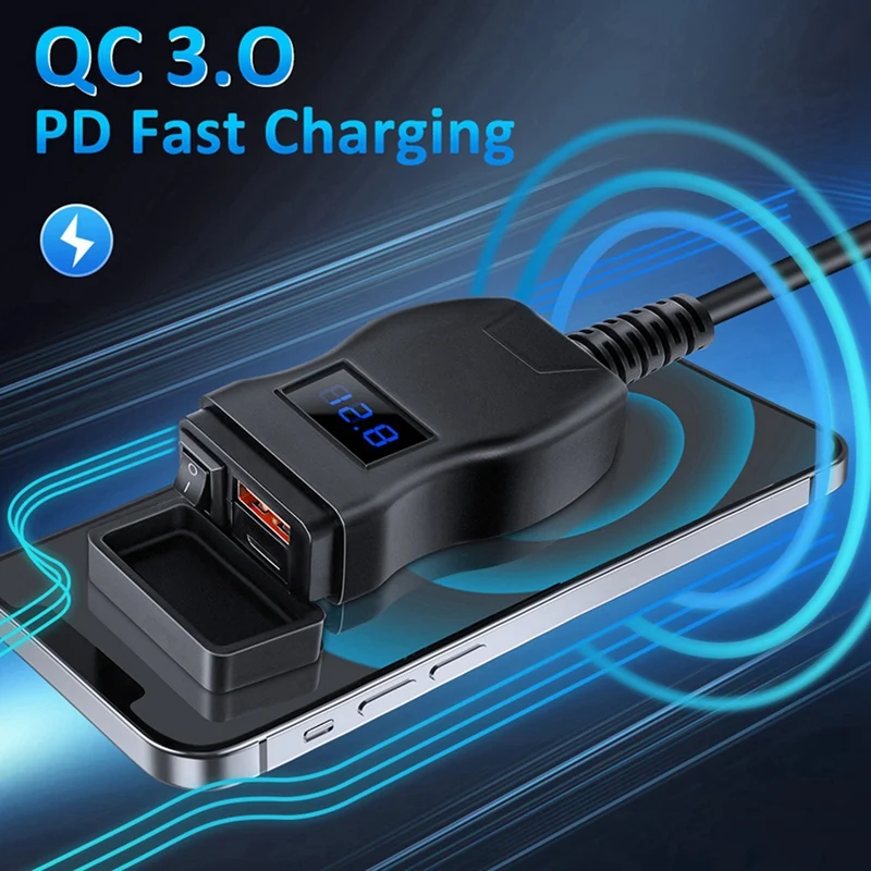 Motorcycle Usb Fast Cellular Charger Waterproof Type C Port Socket Connector With Cell Mobile Voltmeter Digital Charge