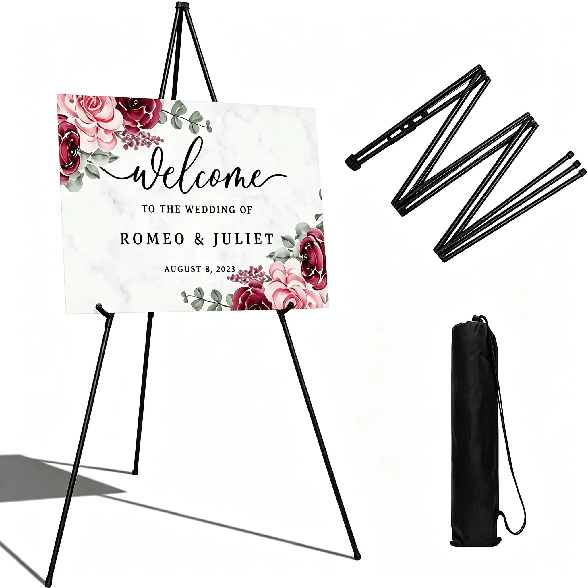 Portable Foldable Metal Tripod Easel Stand - Height-Adjustable Indoor Floor Display Sign Holder with Sliding Clips, Anti-Slip Feet, Lightweight Freestanding for Artwork, Decor Accessories (Room Decor for Decorating My Room Use, Matte White & Black)