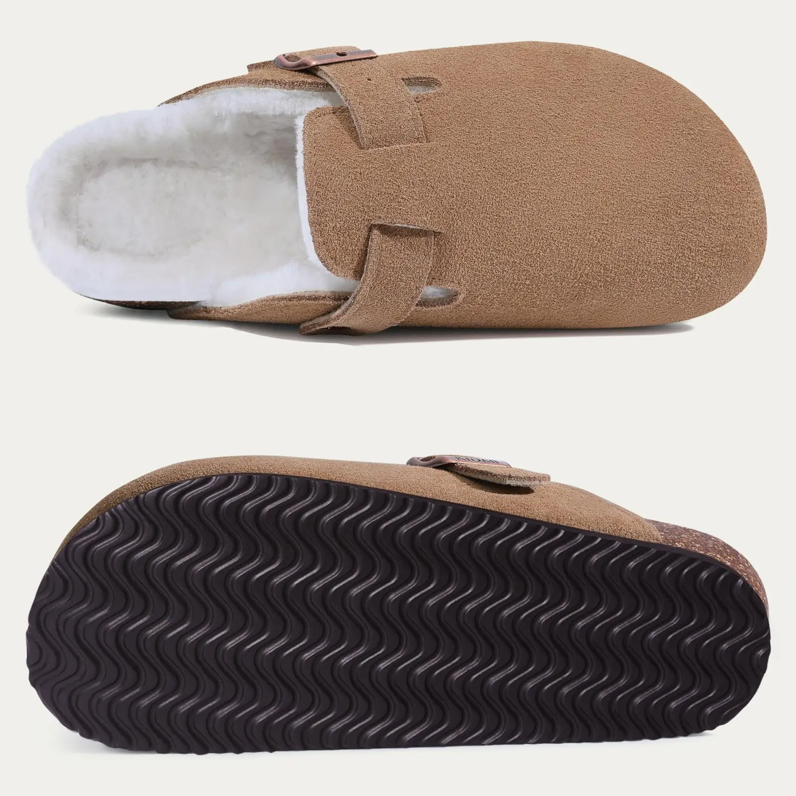 Litfun Women's Winter Furry Mules With Adjustable Buckle, Cork Insole, Warm Fur-Lined Clogs_voghion.com